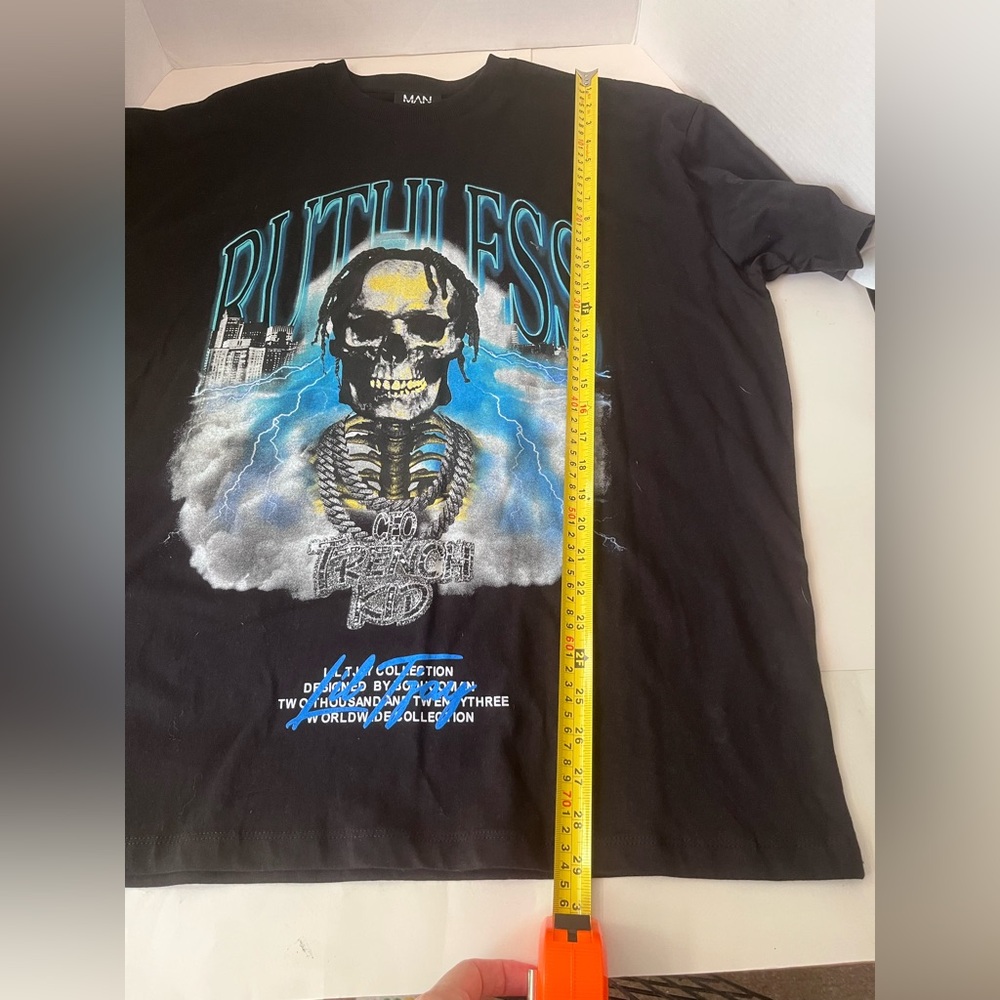 boohooMan x LilTjay 'Trench kid' Men's 'Ruthless' skull black shirt NWT Size L - Picture 7 of 10